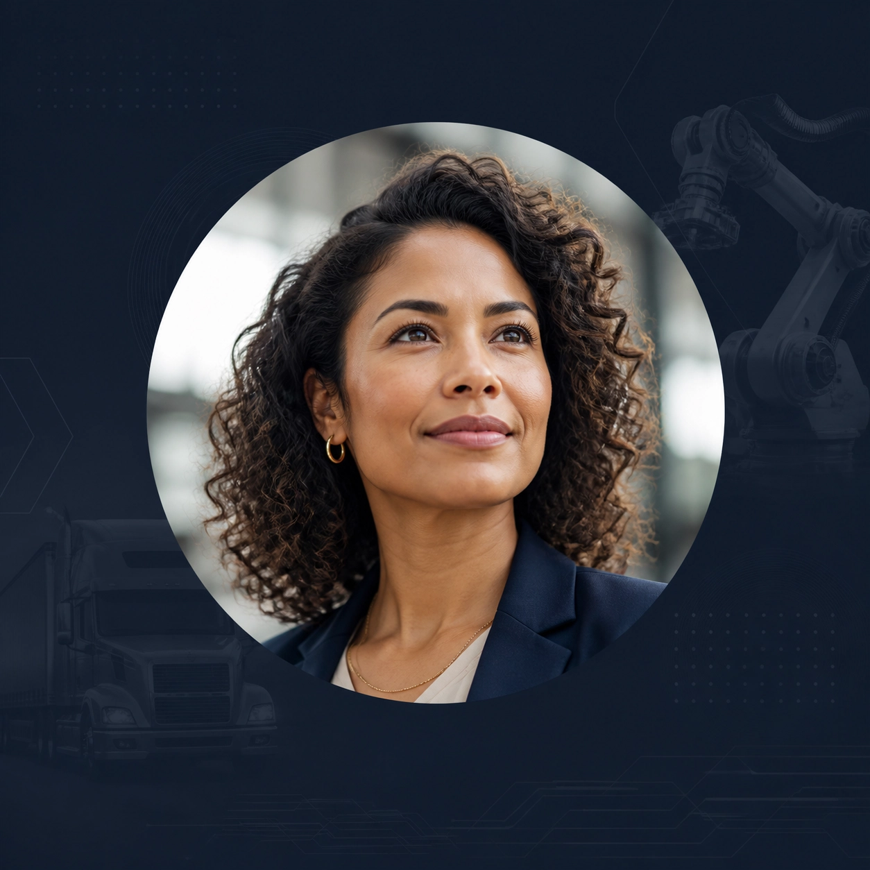 A professional woman looking forward, symbolizing the move from disrupted industries like trucking and manufacturing to new business ventures.
