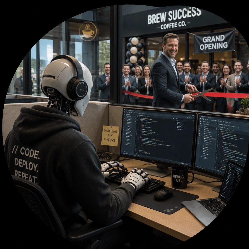 A robot in a developer hoodie sitting in a cubicle while a professional man opens his own franchise coffee shop