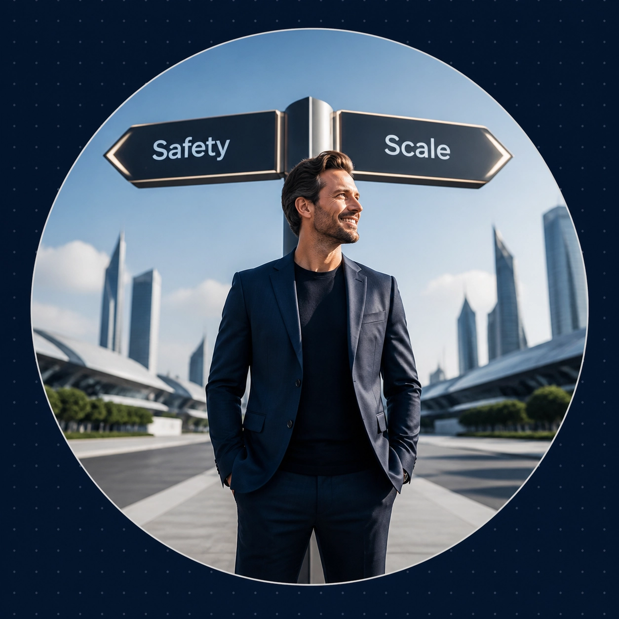 An entrepreneur standing at a crossroads looking toward Scale