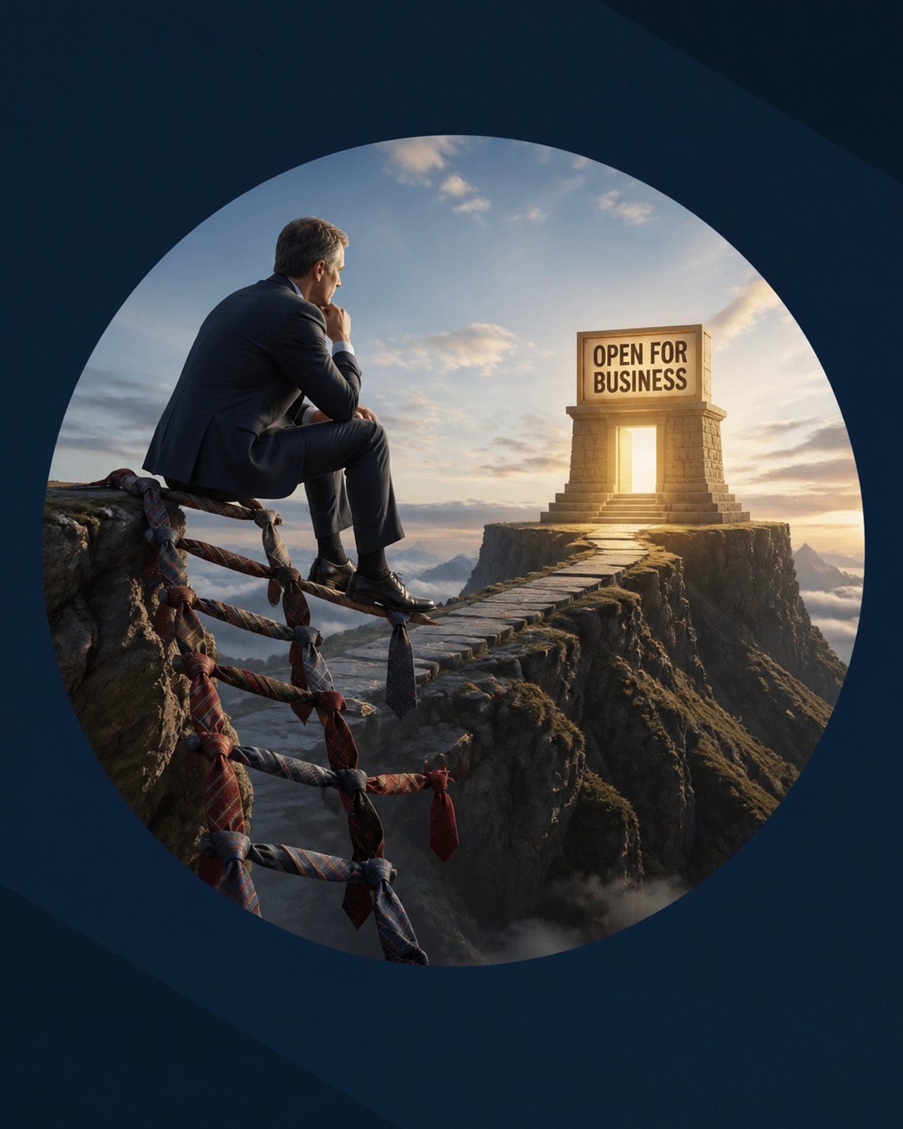 A professional sitting on a broken ladder made of ties, looking toward a solid business foundation.