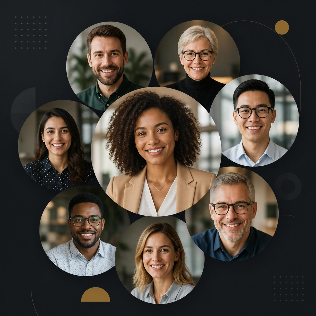 A cluster of diverse professional portraits representing a supportive franchise network