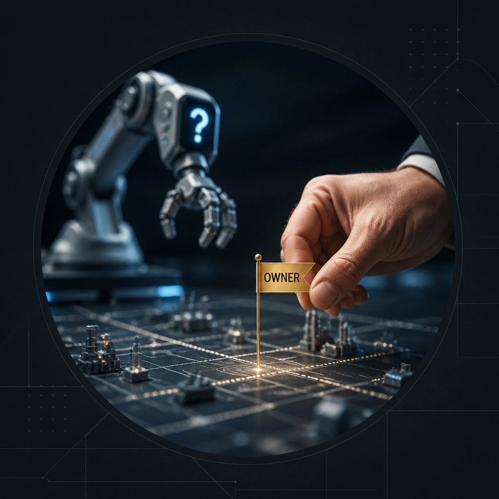 A witty metaphor of a confused robotic arm looking at a human placing an 'Owner' flag on a manufacturing map, framed in a circular mask.