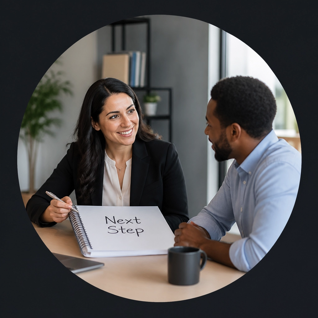 A professional, friendly franchise consultant helping a client, framed in a circular mask