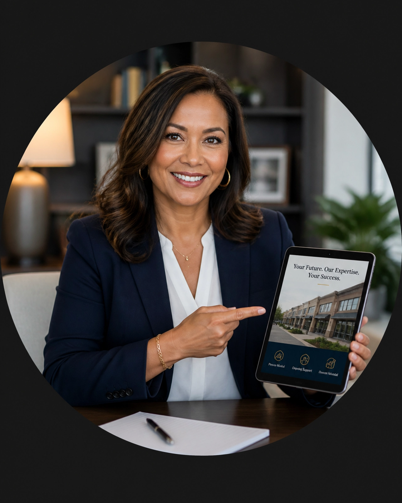 A professional franchise consultant smiling and gesturing towards a tablet showing successful franchise matches