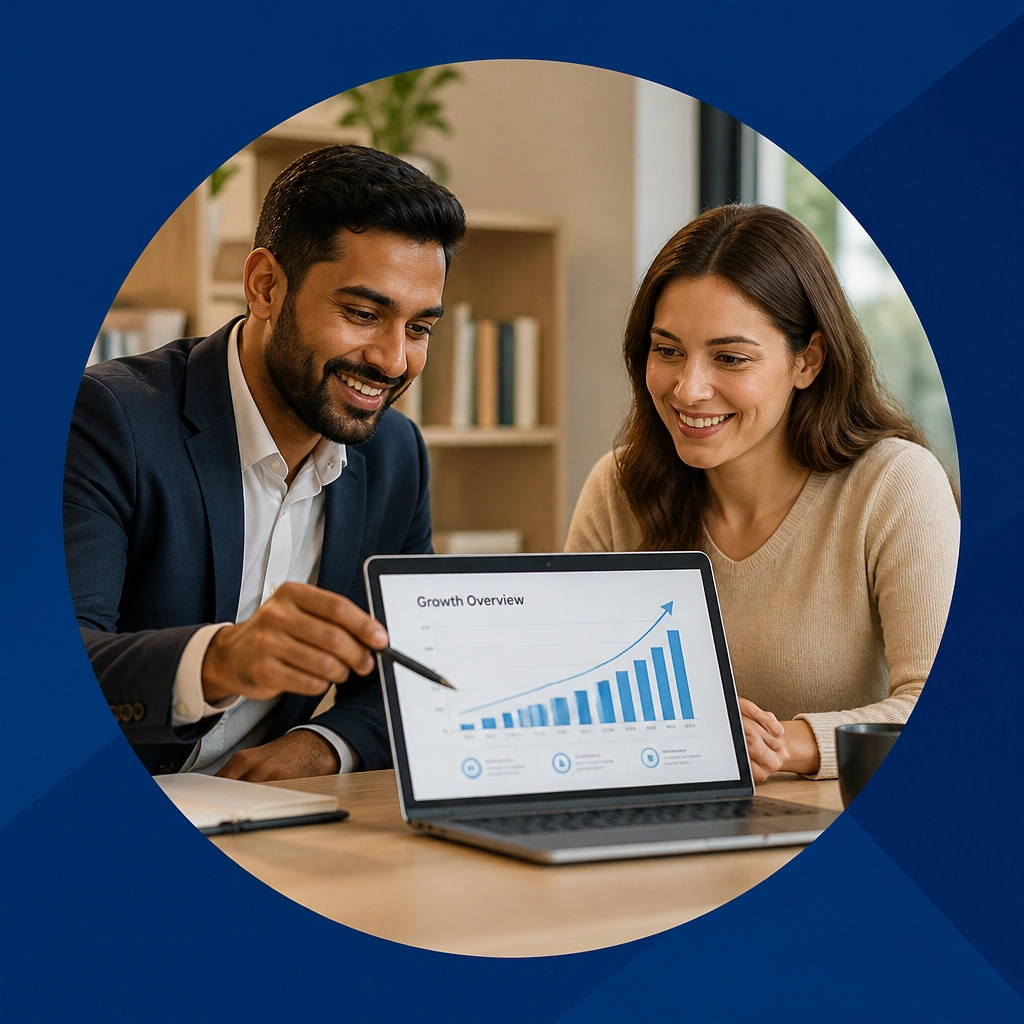 A professional consultant and client reviewing franchise growth charts on a laptop