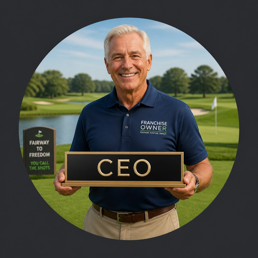 Senior man on a golf course holding a CEO nameplate