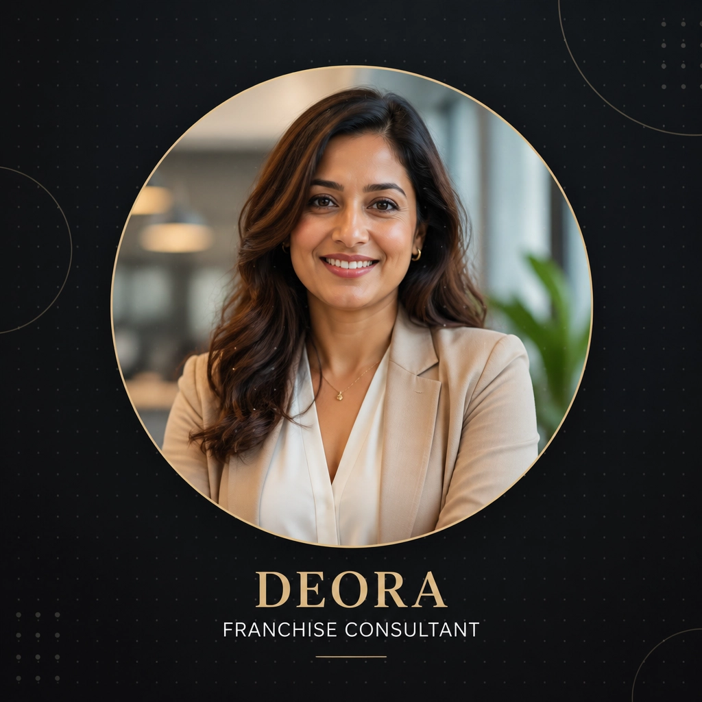 A professional franchise consultant in a circular frame, representing the personalized guidance offered by FranLift
