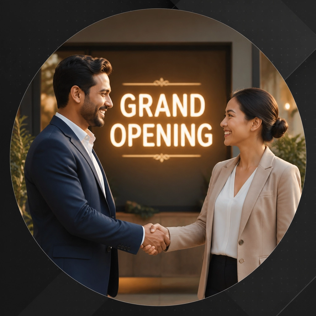 Two professionals shaking hands at a successful grand opening