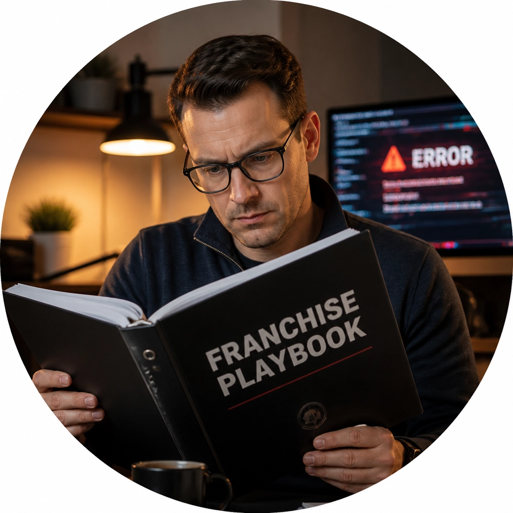A professional in a circular frame looking intently at a physical 'Franchise Playbook' manual, while their laptop in the background shows a glitch screen.