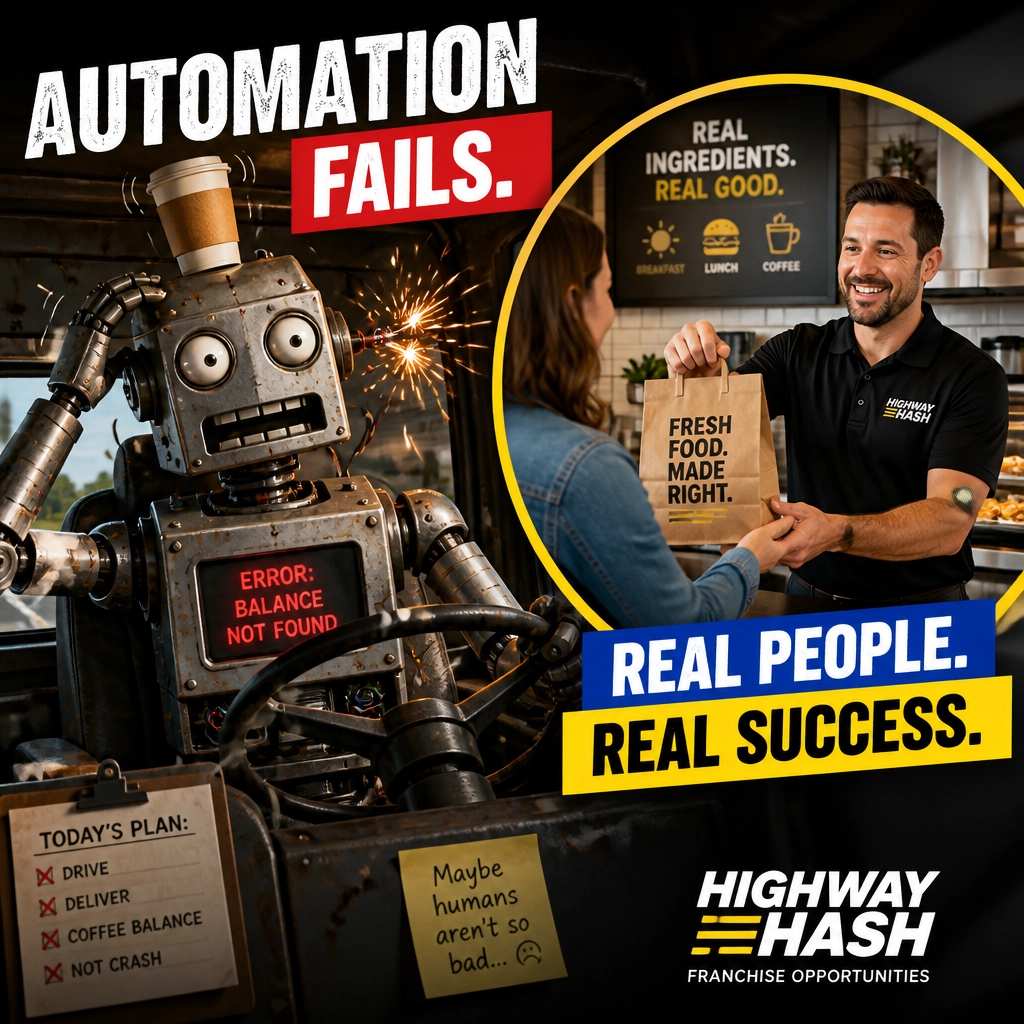A clunky robot failing to drink coffee while a human succeeds at their franchise business