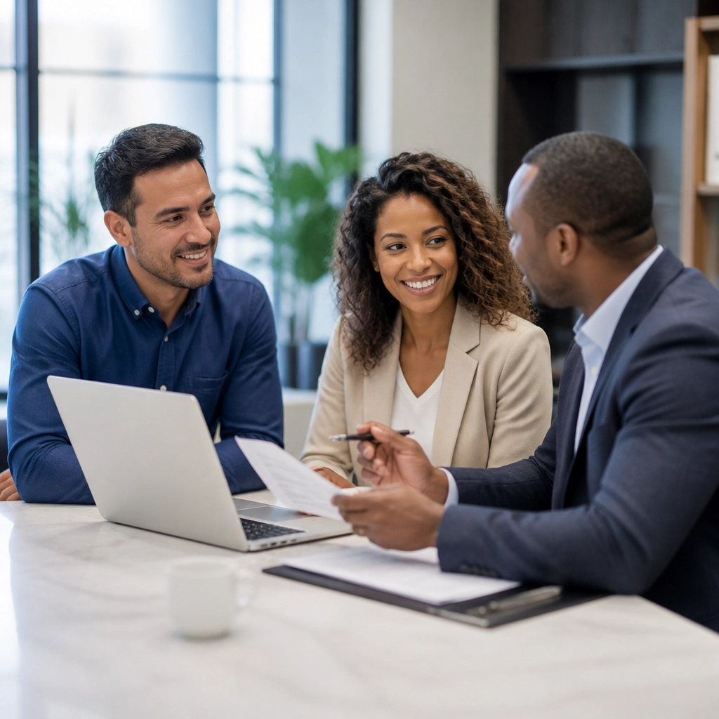 A diverse business consultant meeting with a professional couple to review franchise options and next-step decisions.