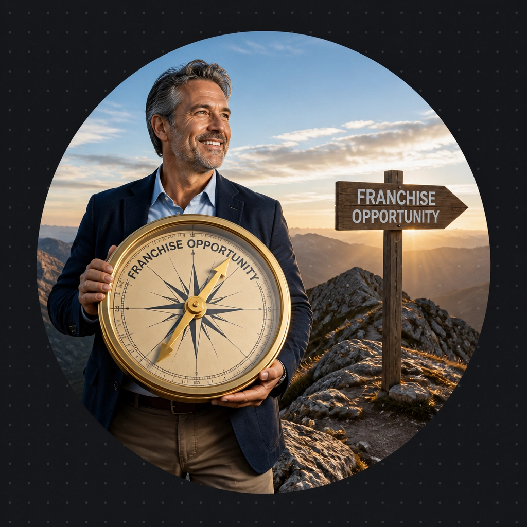 An entrepreneur standing on a mountain peak with a compass pointing toward a new franchise opportunity.