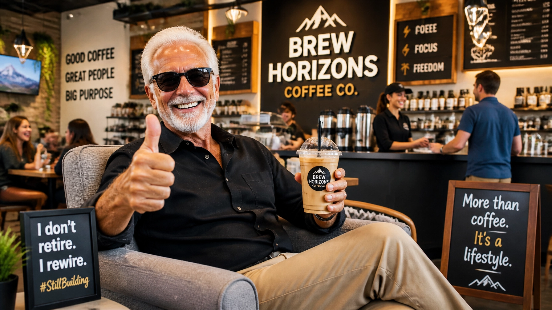 An energetic senior gentleman wearing sunglasses giving a thumbs up inside his cafe franchise
