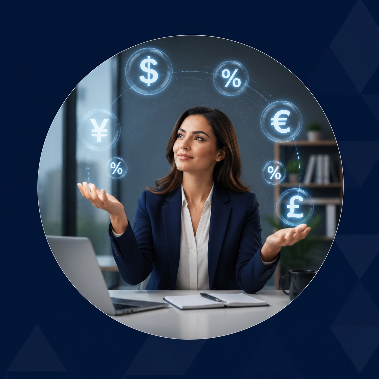 A professional woman juggling glowing currency and percentage symbols