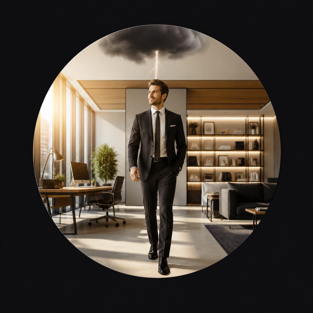 A man stepping out from under a rain cloud into a bright, organized office, symbolizing the transition from grief to a structured new beginning