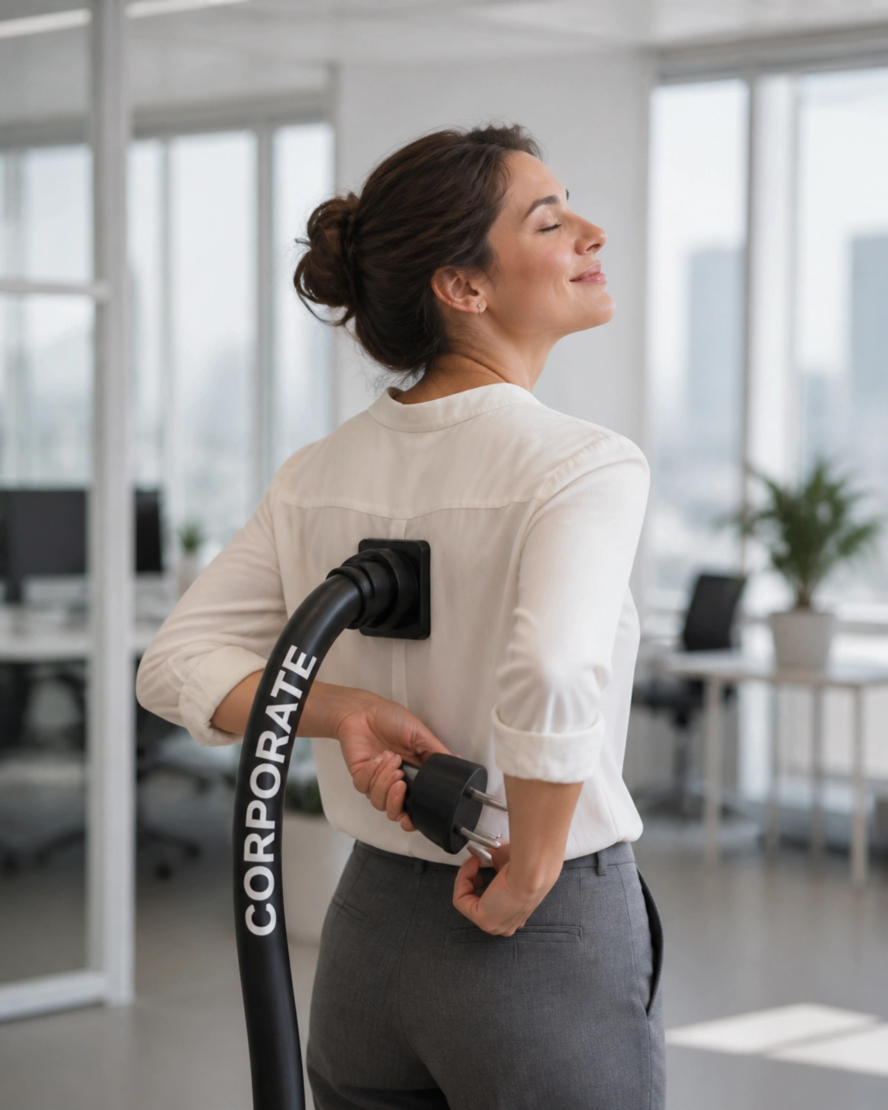 A person gently unplugging a giant thick cord labeled CORPORATE from their own back looking relieved