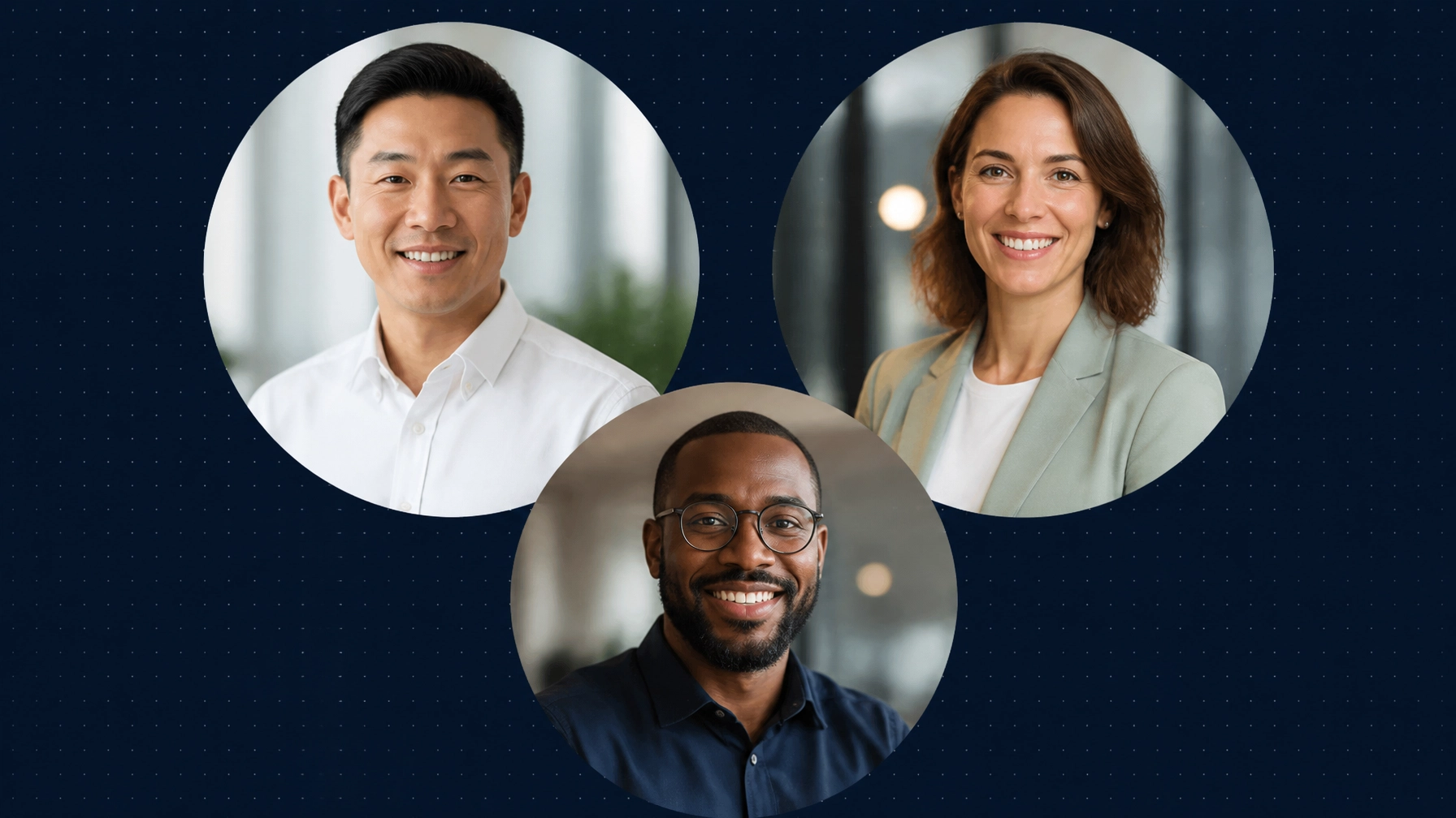 Team collage: three smiling professionals in circular frames against a dark blue dotted background.