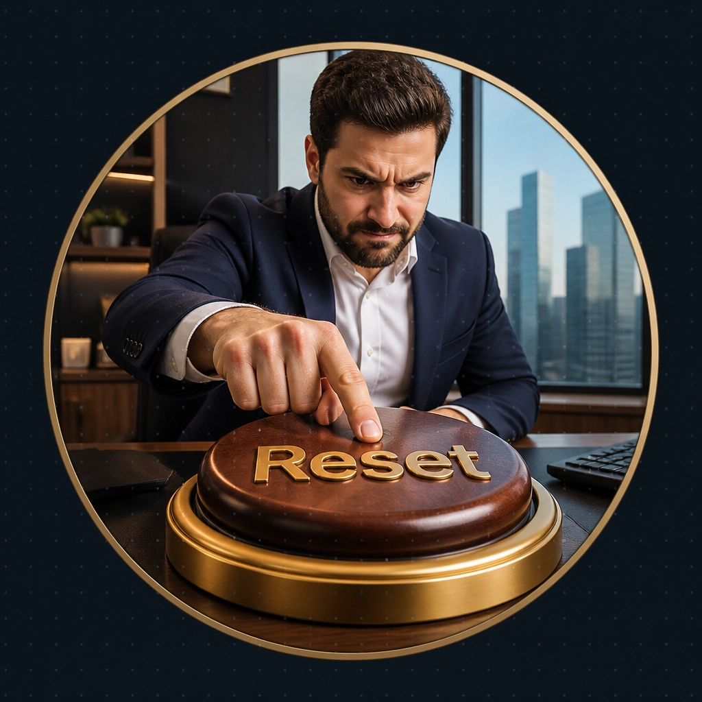 A man sitting at a desk about to press a giant comically oversized gold 'Reset' button.
