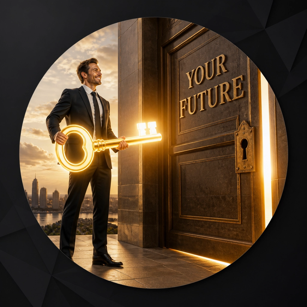 A professional businessman holding a giant glowing key to a door labeled YOUR FUTURE, symbolizing unlocking new opportunities.