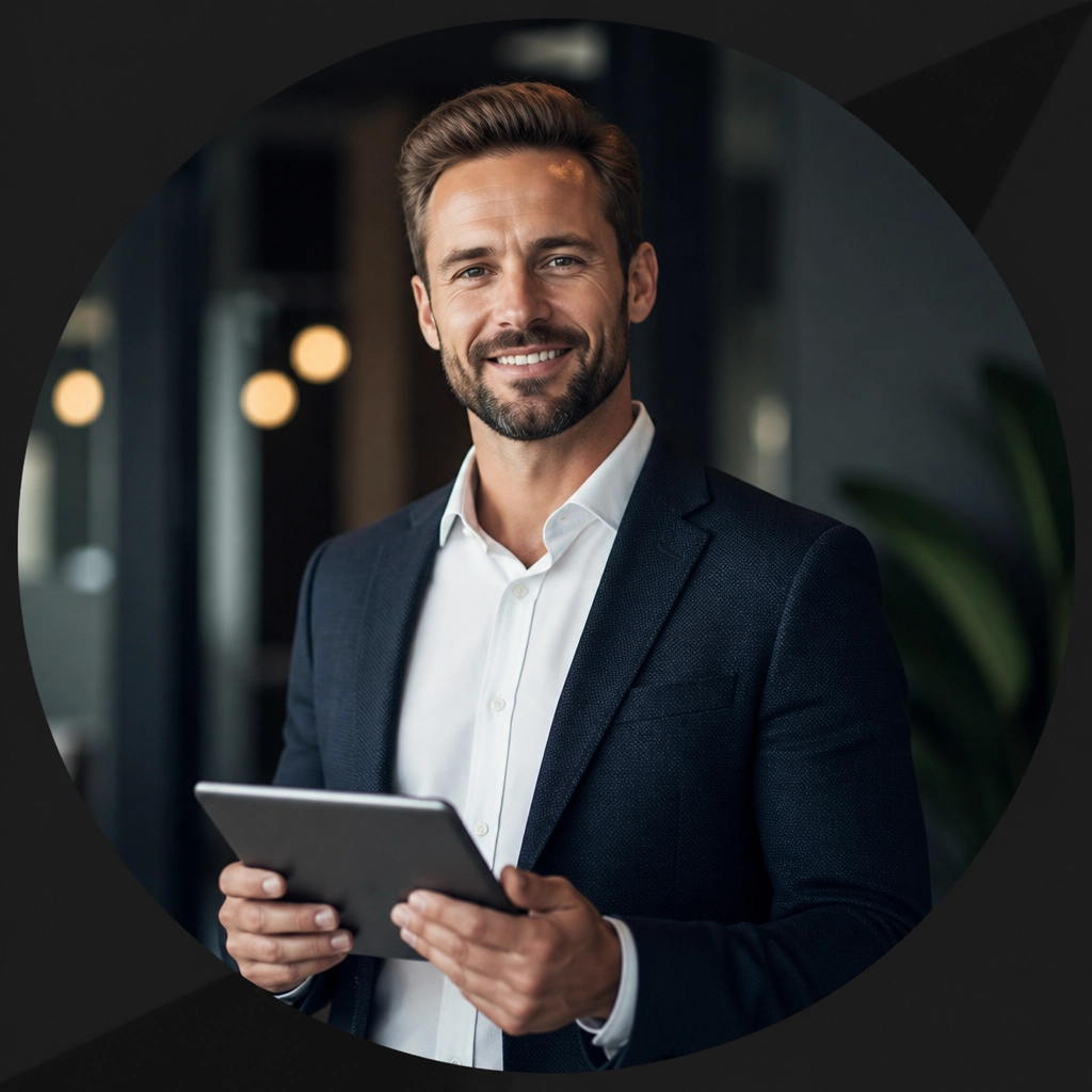 A confident new business owner holding a tablet.