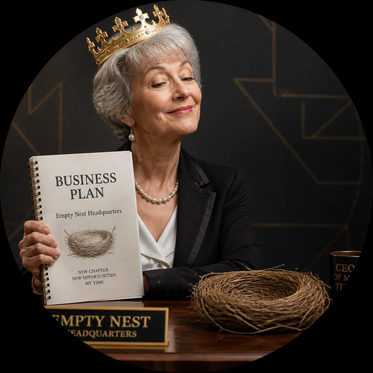 A senior woman wearing a crown and holding a business plan, looking triumphantly at an empty bird's nest, set in a circular mask on a dark background.