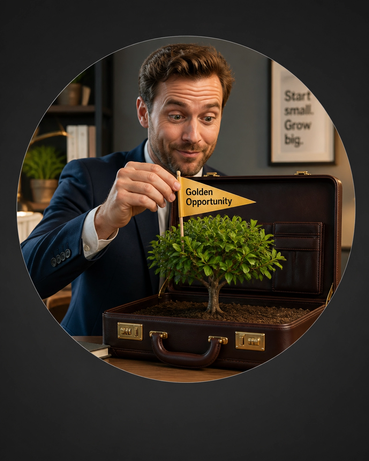 A person planting a flag into a thriving tree growing out of a briefcase, representing new business growth.