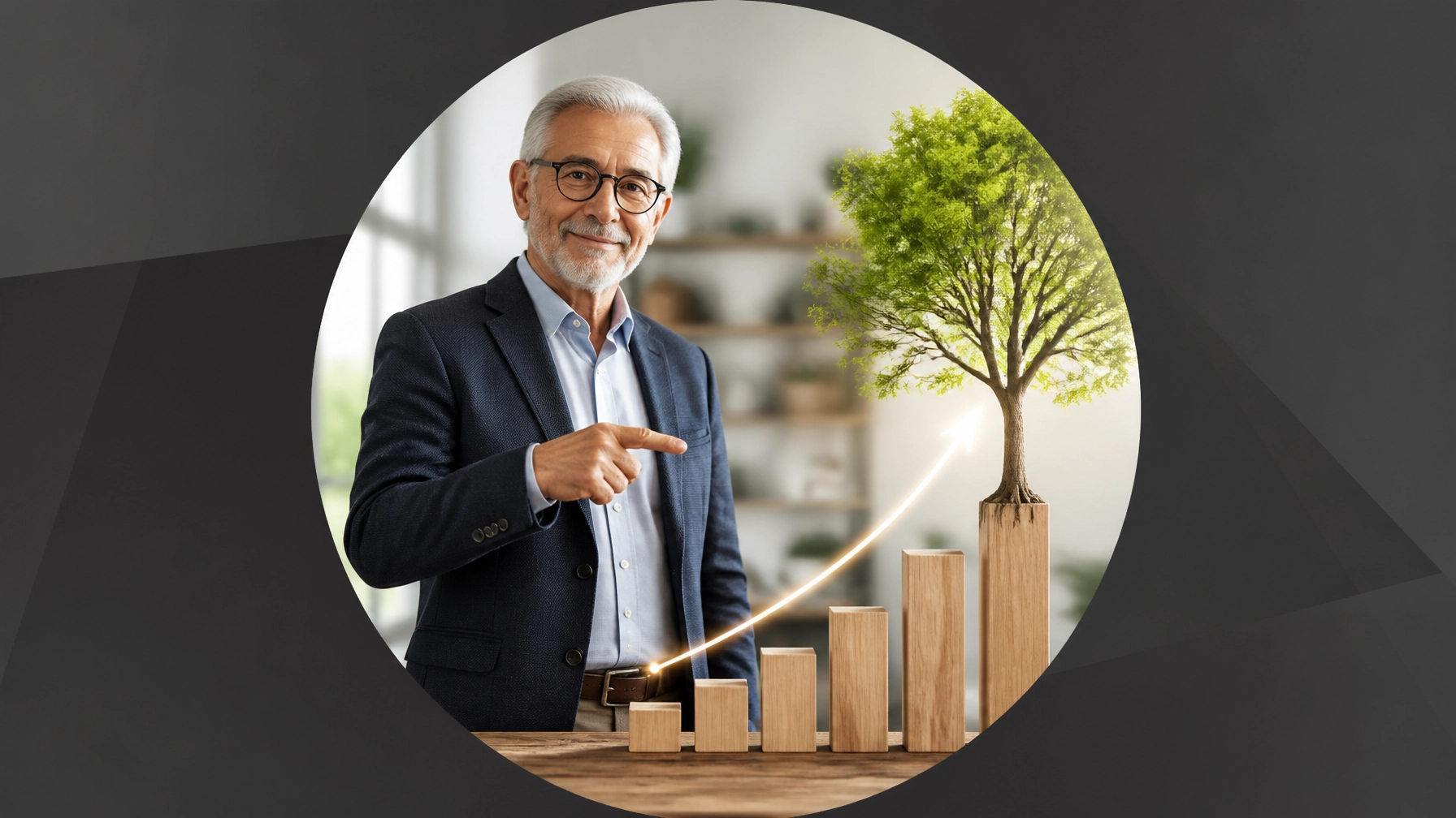 A sharp retired man pointing at a growth chart transforming into a tree, shown in a high-quality AI-generated circular portrait against a dark minimalist background with subtle angular shadows.