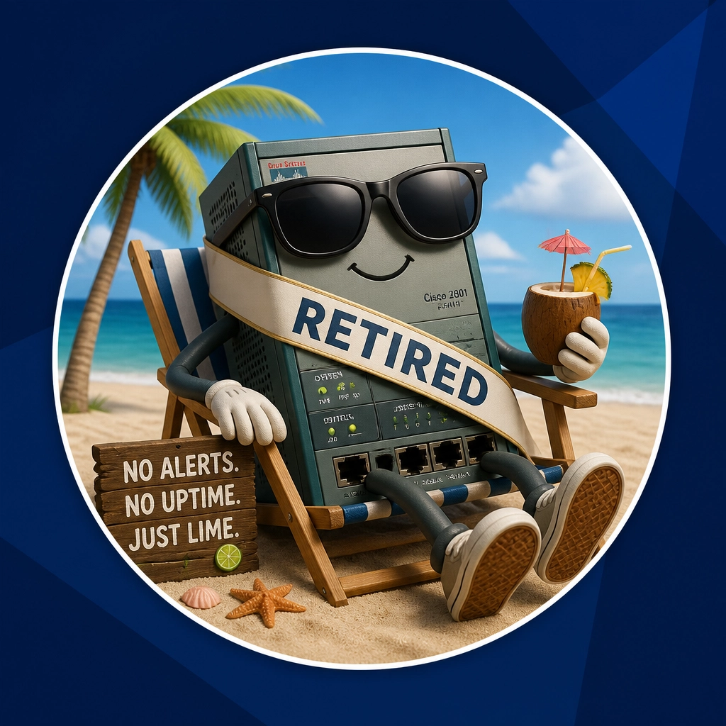 A humorous and eye-catching visual of a vintage 1990s server router wearing a 'RETIRED' sash and oversized sunglasses, relaxing on a miniature beach chair with a tropical drink. The image is contained within a perfect circular mask.