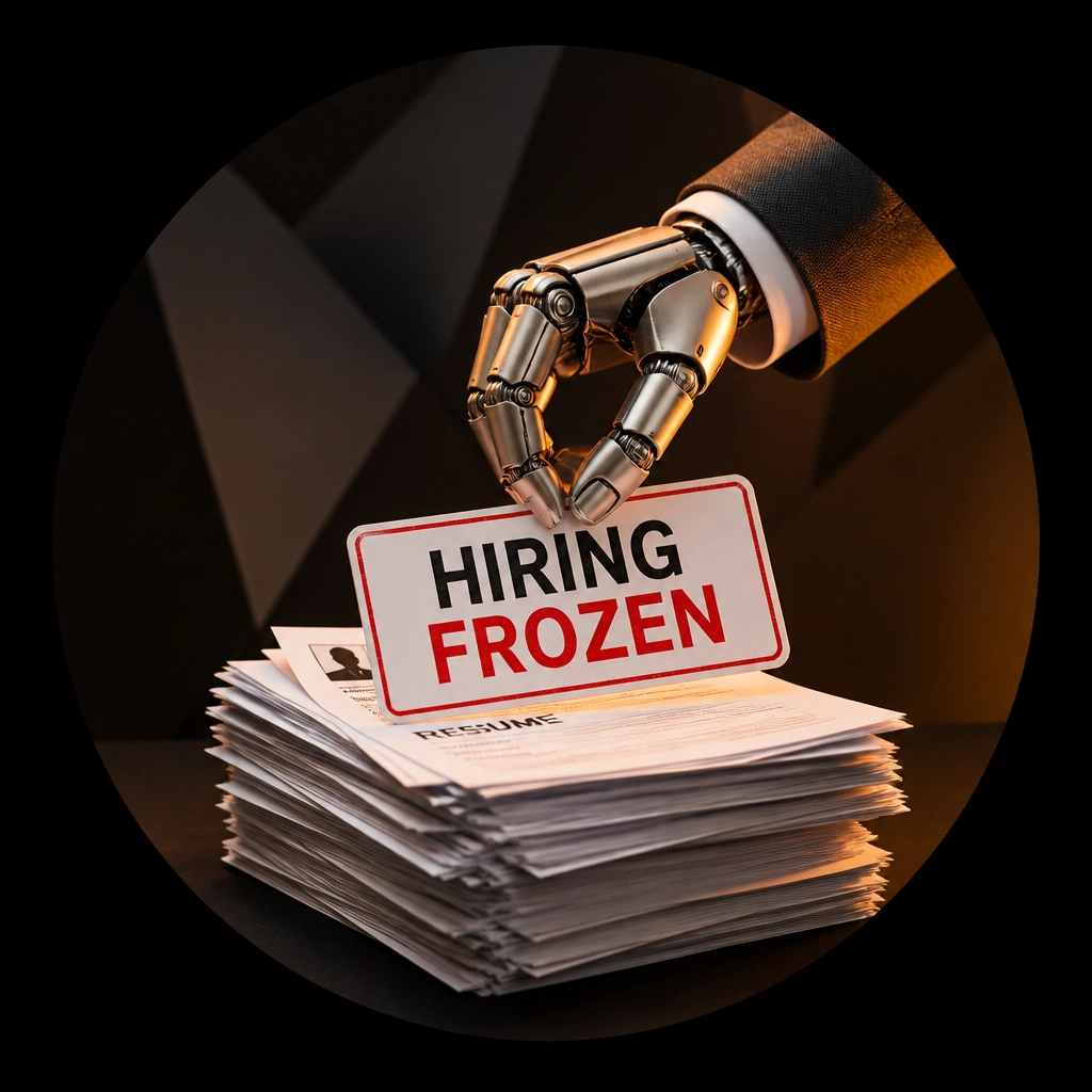 A robotic arm in a suit placing a hiring freeze sign over resumes