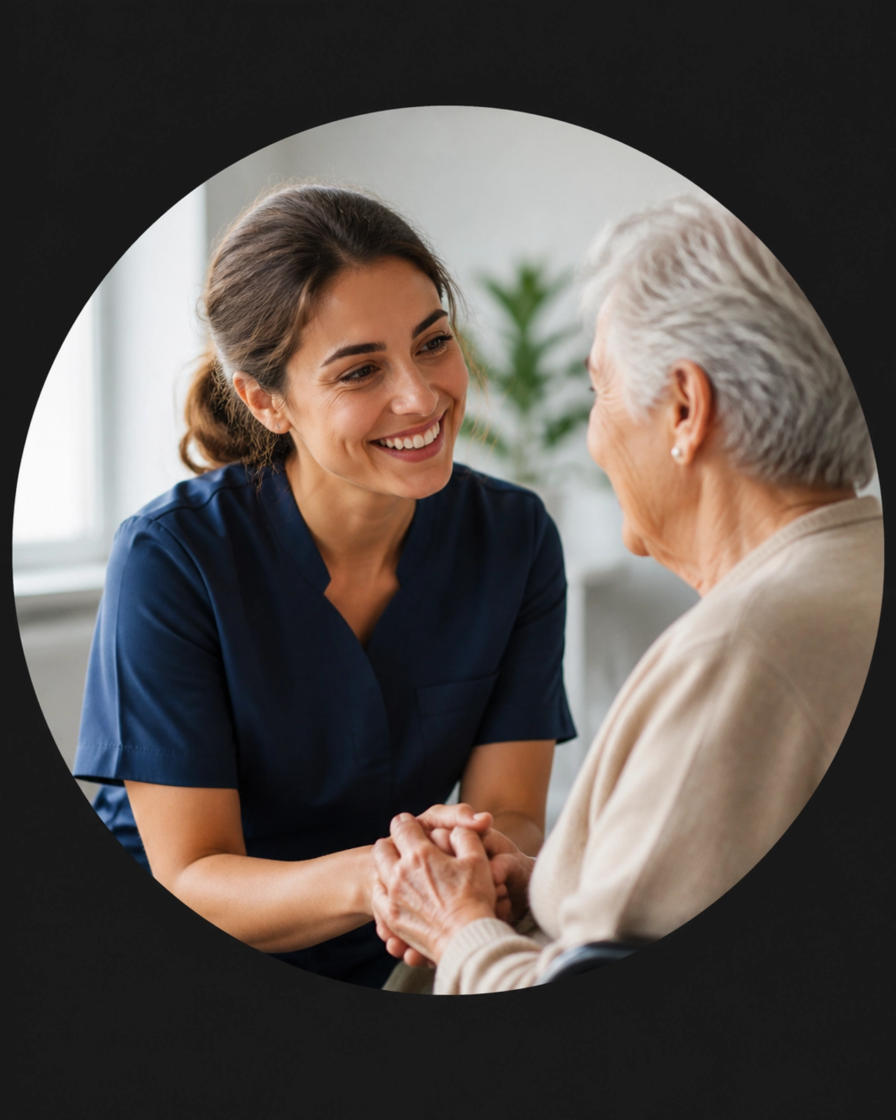 A compassionate professional caregiver in a circular mask showcasing human empathy and trust