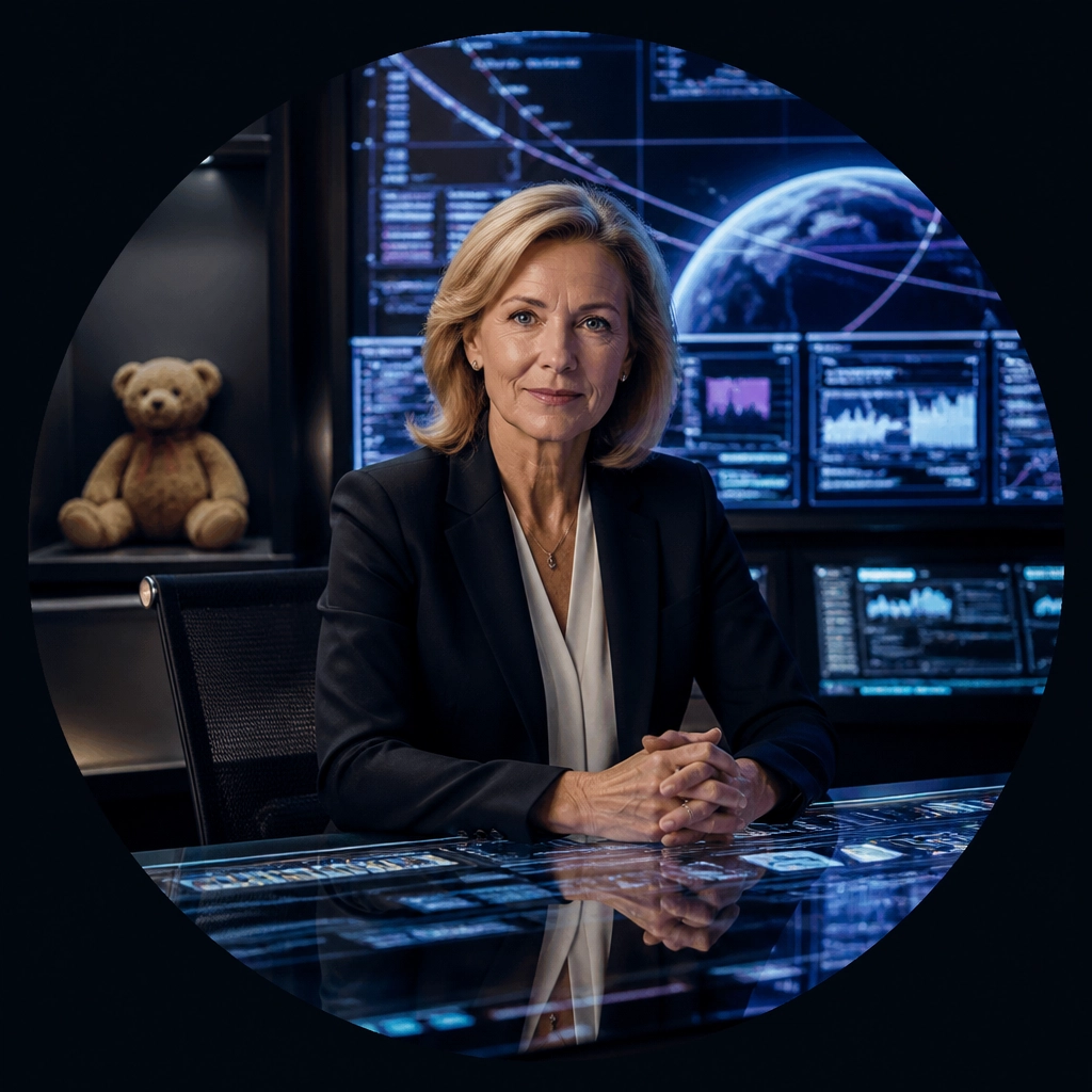 A woman in a high-tech command center with a teddy bear in the corner, symbolizing the shift from full-time parenting to a high-impact career