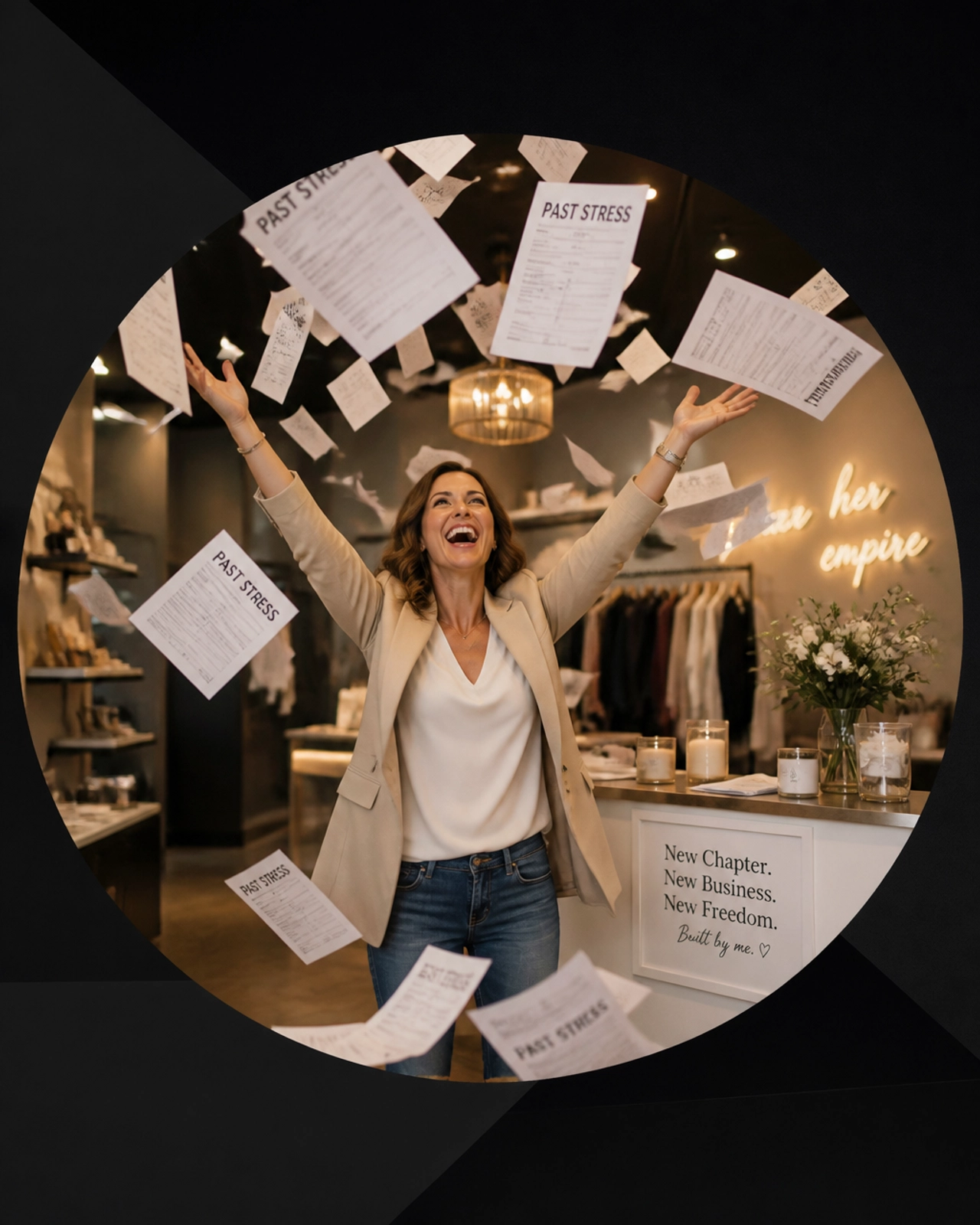 A woman joyfully throwing 'Past Stress' papers into the air in her new retail space