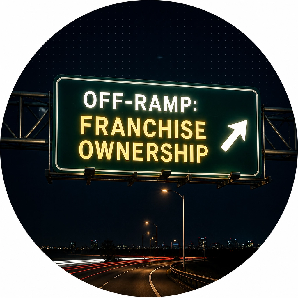 A highway sign reading 'OFF-RAMP: FRANCHISE OWNERSHIP' in a circular mask