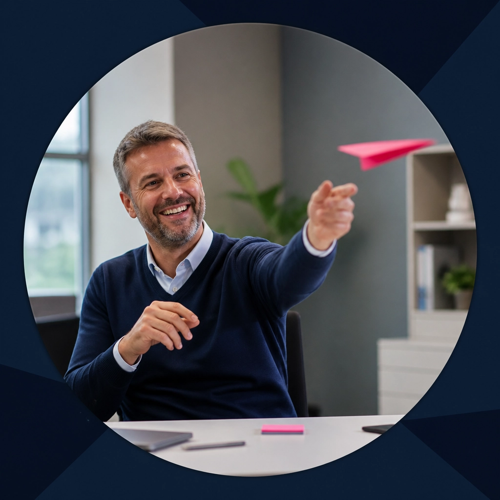 A professional turning a pink slip into a paper airplane, symbolizing moving on from job loss