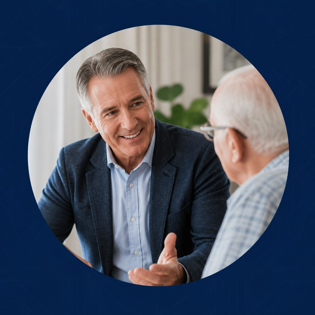 A professional man talking to a senior client representing a senior care franchise
