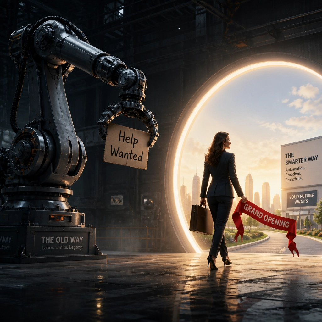A robotic arm holding a help wanted sign while a human walks toward a new franchise storefront