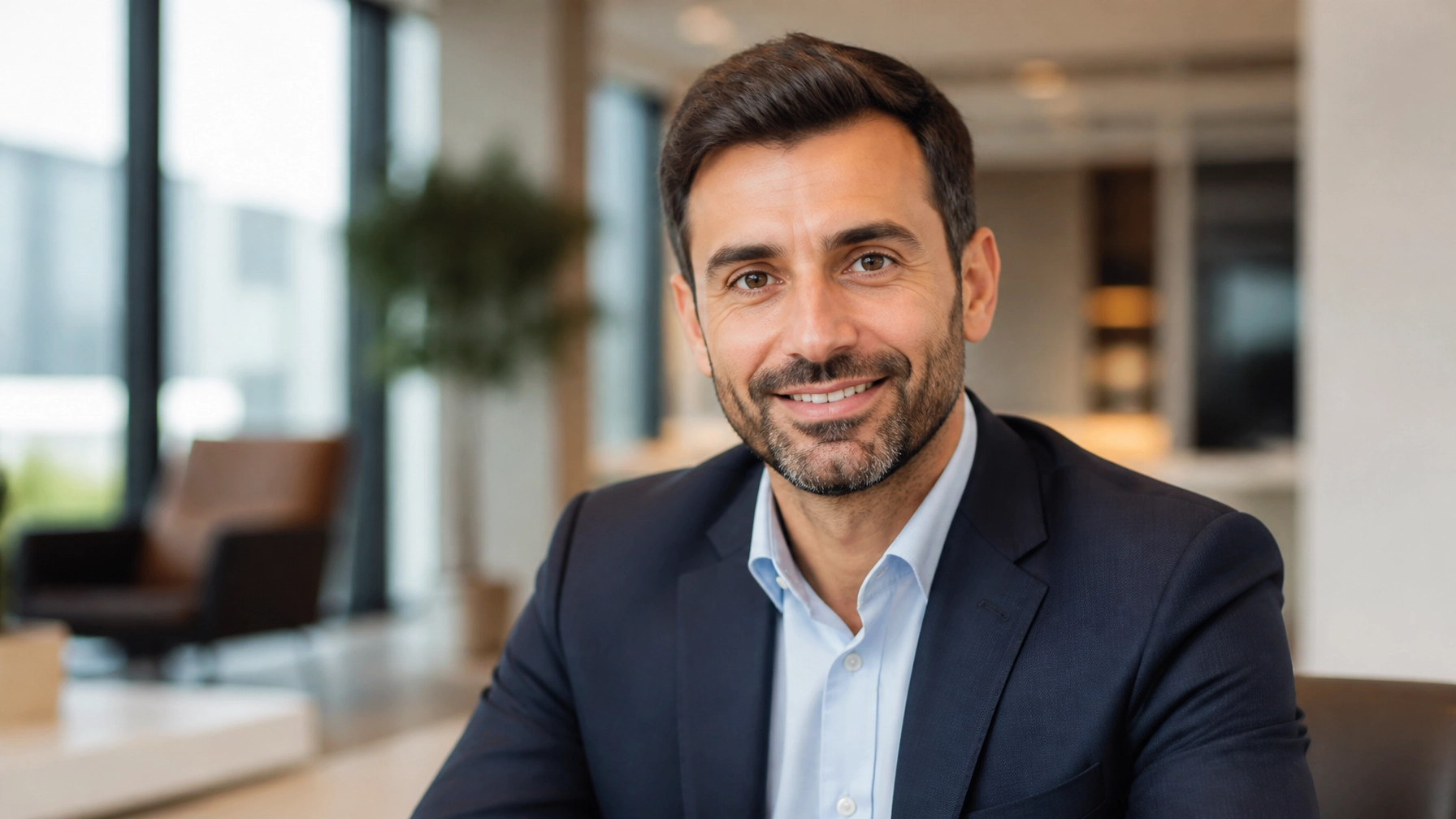 A high-resolution professional male consultant portrait in a modern office
