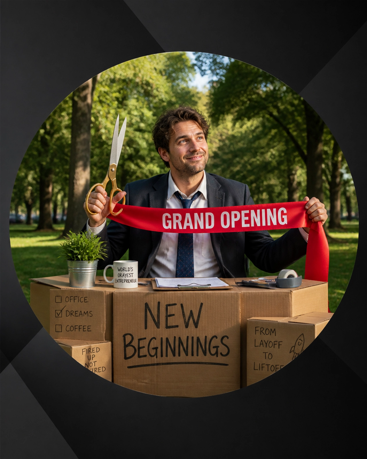 A professional starting fresh after job loss, holding a grand opening ribbon in a park