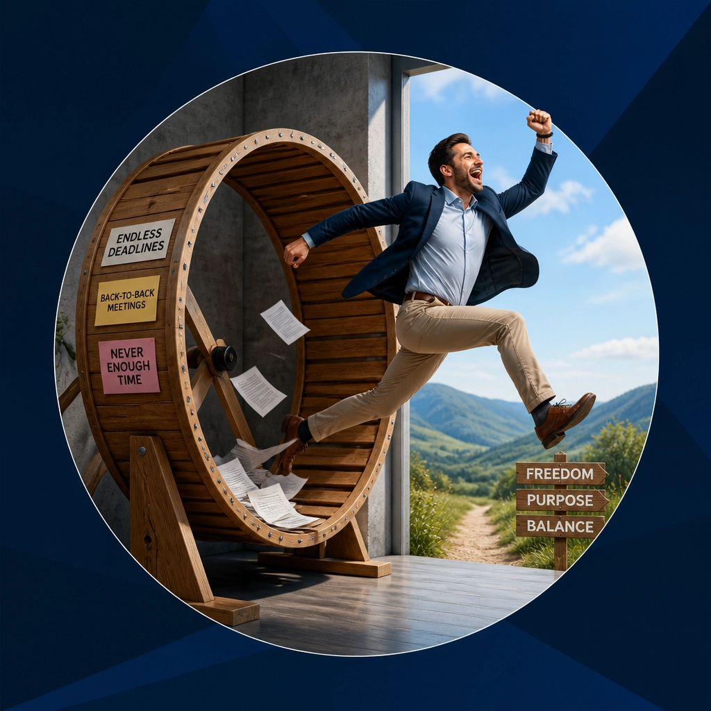 Professional man jumping out of a hamster wheel