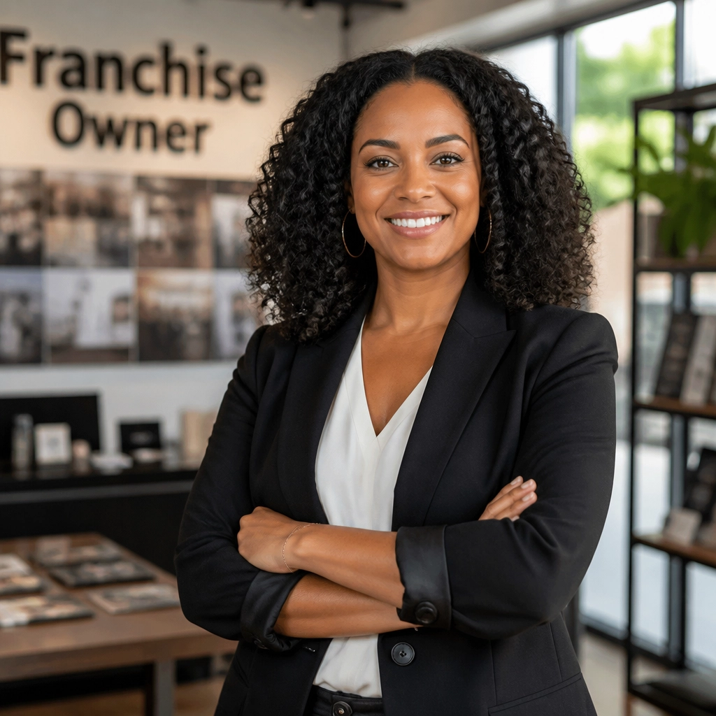 A confident female entrepreneur in a contemporary business setting, reflecting franchise ownership and career independence.