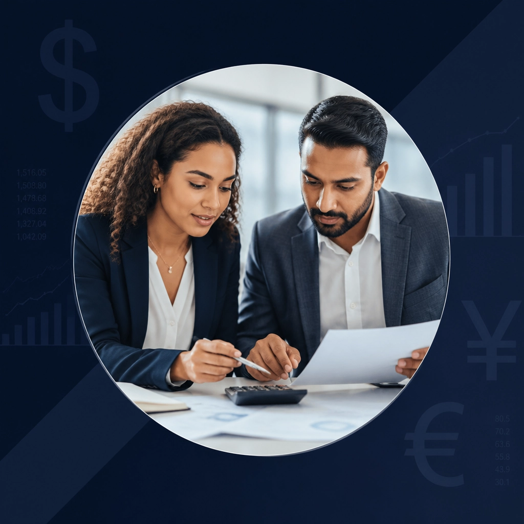 Professionals reviewing financial strategy in a circular frame