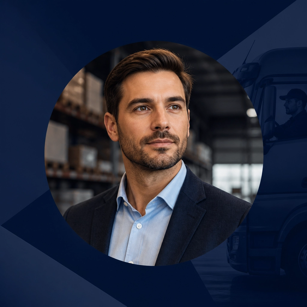 A professional in a logistics context framed in a circular mask