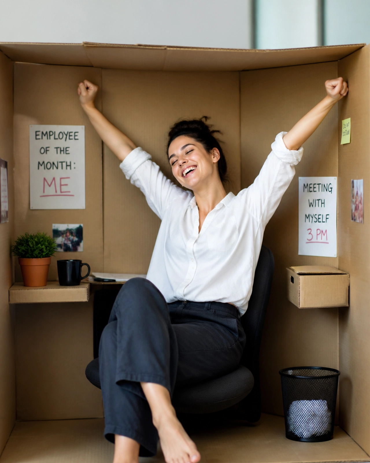 A person in a cardboard box office parodying a cubicle looking happy and liberated
