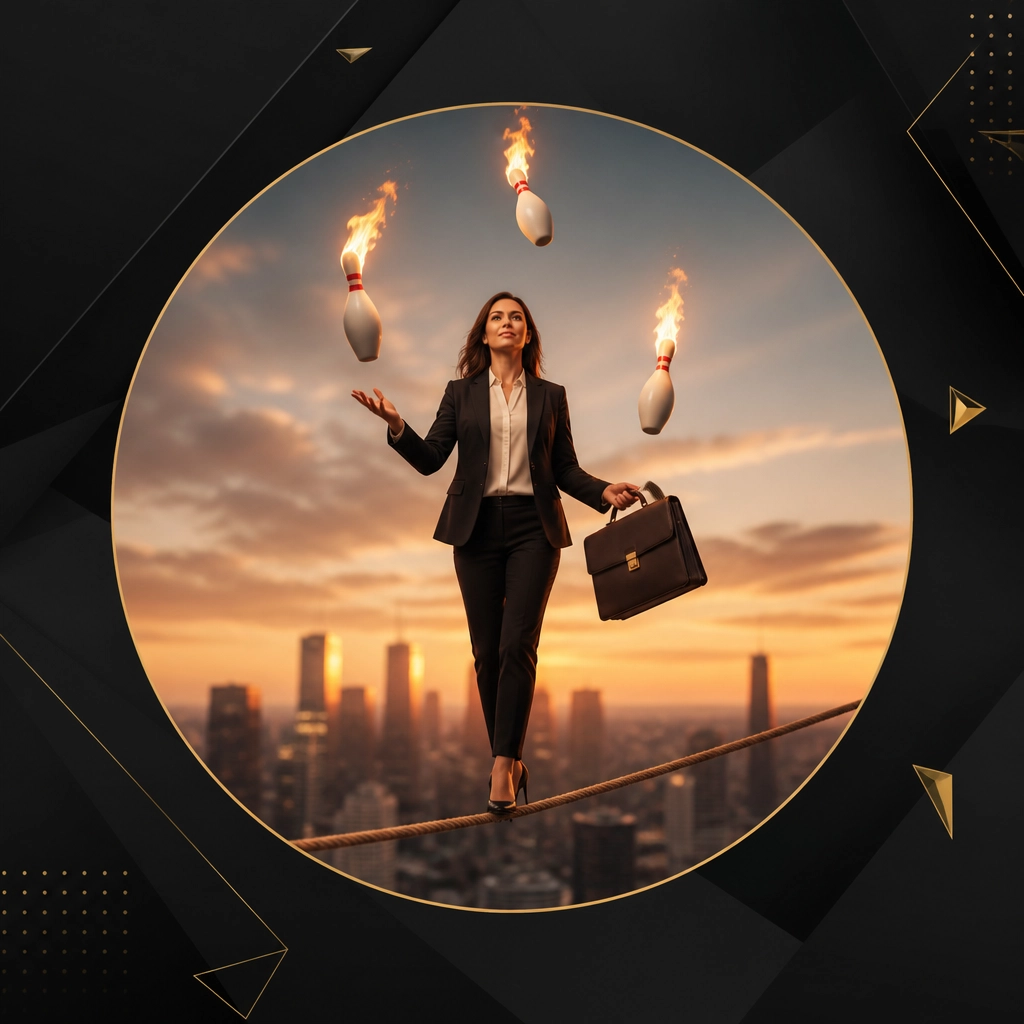 A professional woman calmly juggling flaming bowling pins and a briefcase on a tightrope.