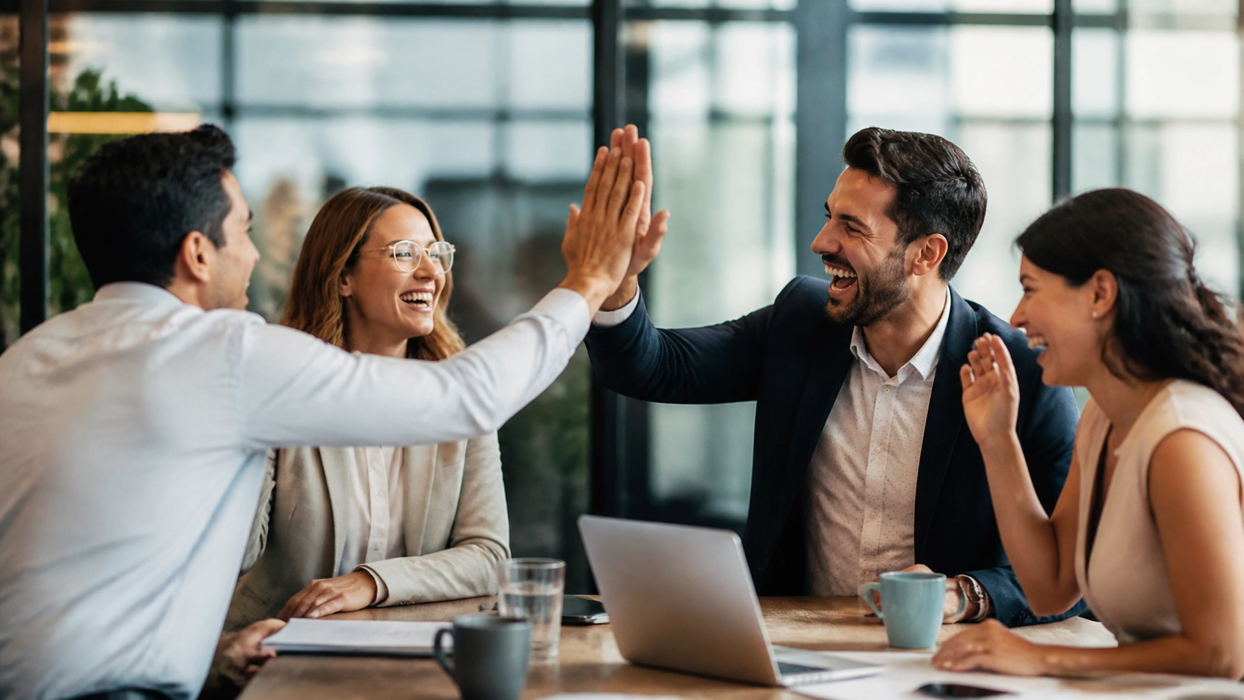A high-resolution professional success scene with business partners celebrating a franchise decision