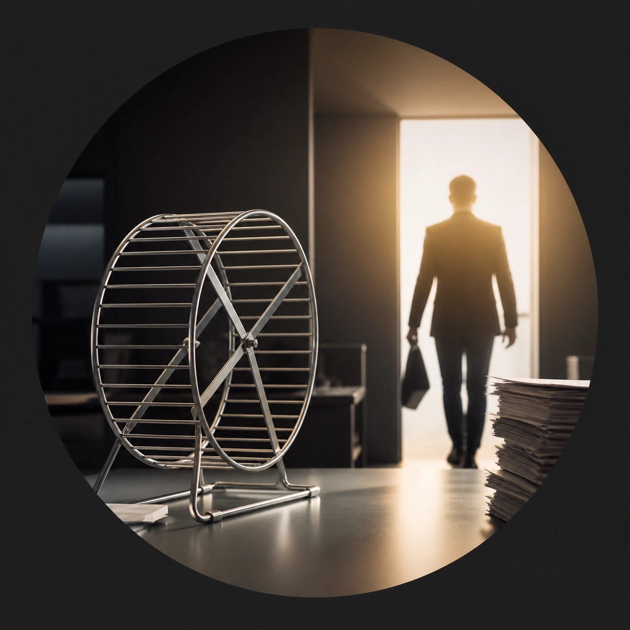 An empty hamster wheel in a corporate office, symbolizing an escape from career burnout.