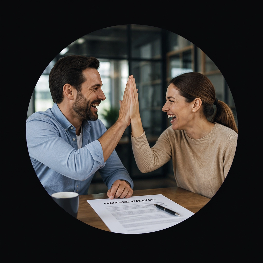 A happy couple celebrating their franchise approval, symbolizing the relief of finding a stable career path.