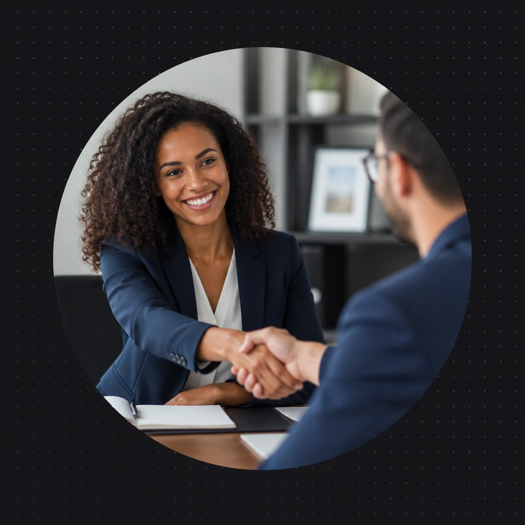 A consultant shaking hands with a client representing a franchise broker introduction