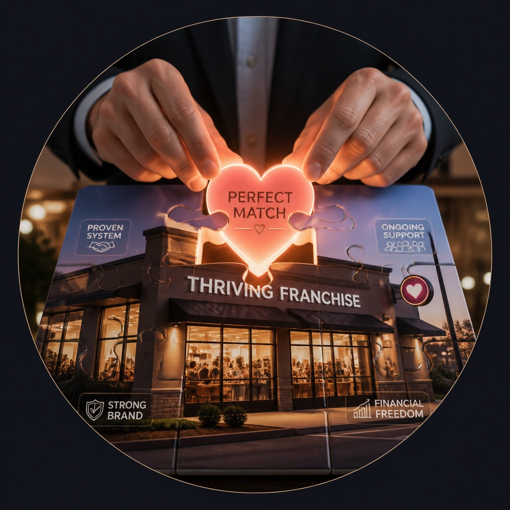 A visual metaphor of a heart-shaped puzzle piece fitting perfectly into a business storefront, representing franchise matchmaking.