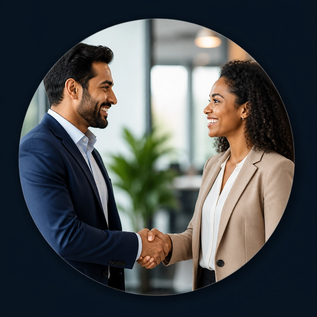 Two diverse professionals shaking hands warmly, symbolizing a successful partnership and a new beginning.